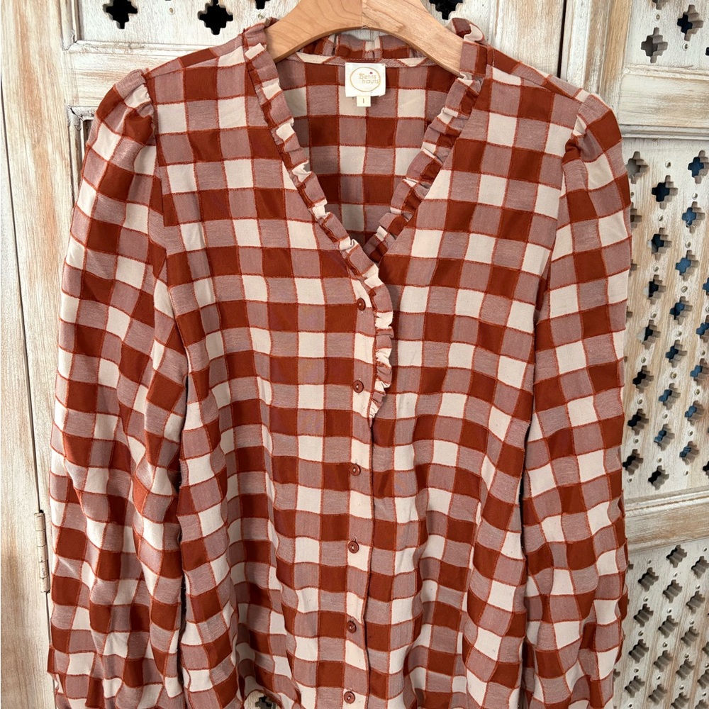 Checkered Ruffle Blouse - Brown and Cream
